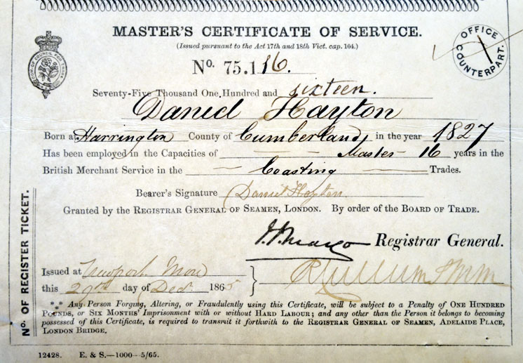 Daniel Hayton, Master's Certificate of Service